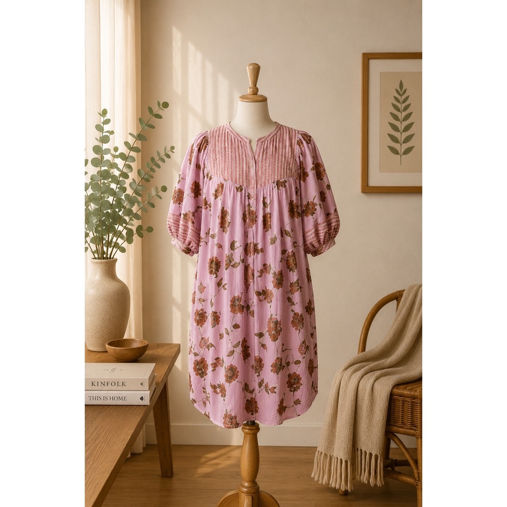 Boho Floral Midi Dress Pink Brown Tassel Tie Pockets‎ Oversized Size M